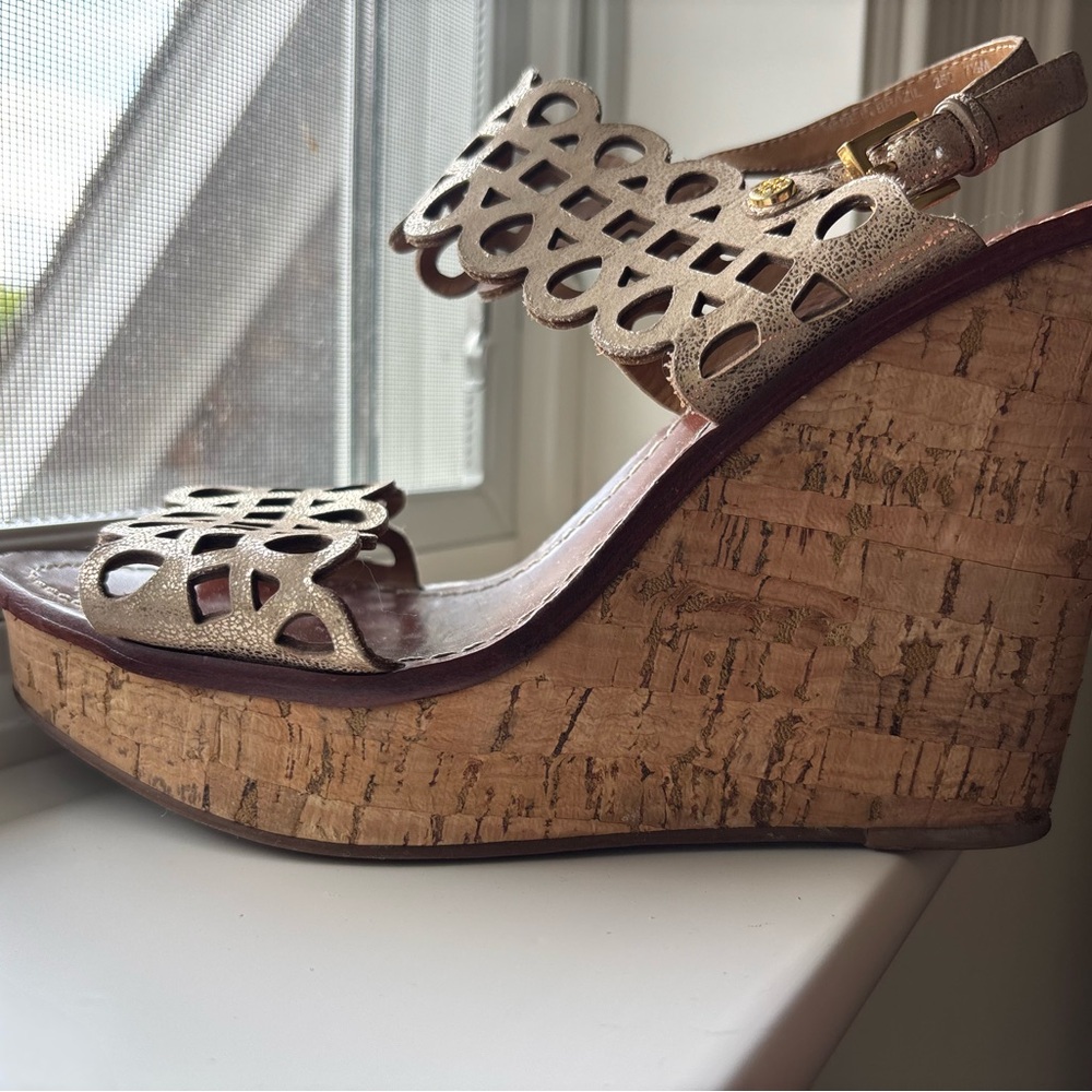 Tory Burch Lace Detail Cork Wedges - Silver + Brown - Size 7.5 - Picture 8 of 10
